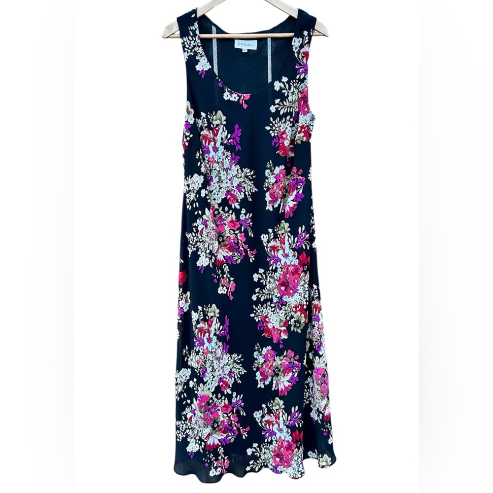 90’s Studio 1 Floral Black Chiffon Dress Sz. 14W Lined